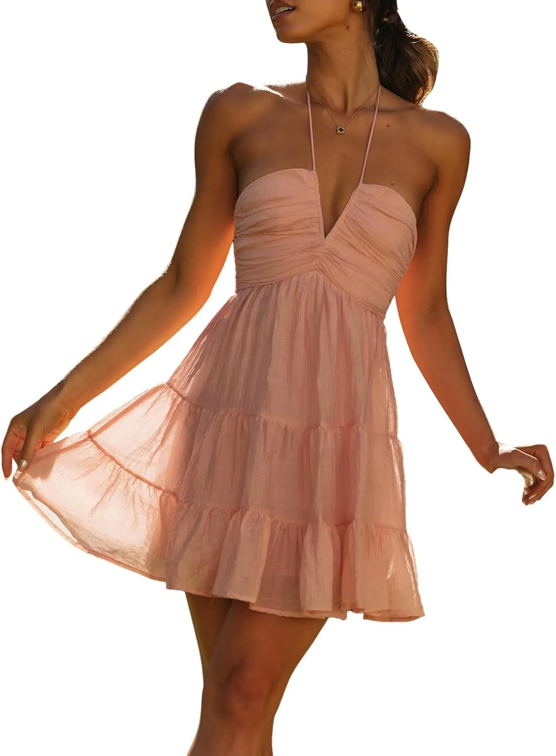 Women Spaghetti Strap Mini Dress Summer Sexy Tie Backless Flowy Sundress Sleeveless Casual Boho Tiered Short Dress