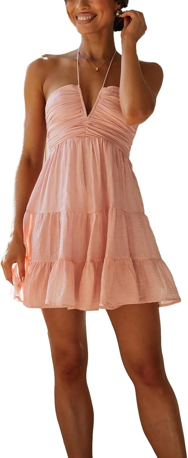 Women Spaghetti Strap Mini Dress Summer Sexy Tie Backless Flowy Sundress Sleeveless Casual Boho Tiered Short Dress