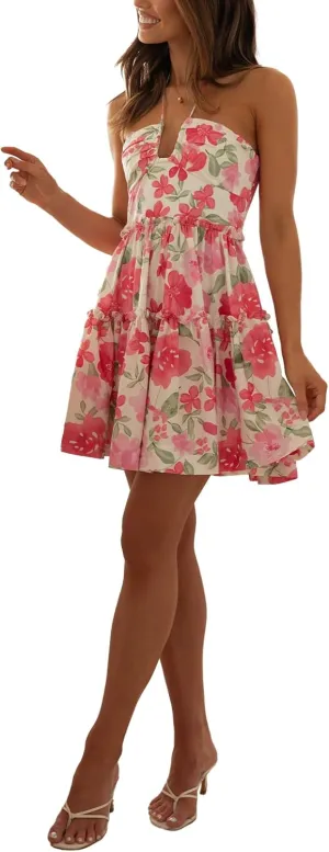 Women Spaghetti Strap Mini Dress Summer Sexy Tie Backless Flowy Sundress Sleeveless Casual Boho Tiered Short Dress