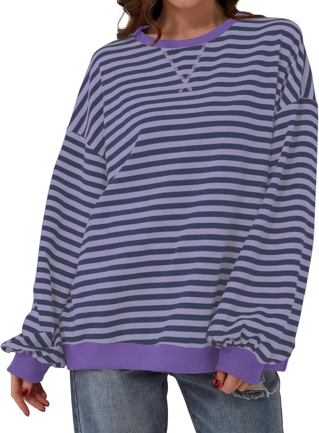 Women Striped Color Block Oversized Sweatshirt Long Sleeve Shirt Crewneck 2024 Fall Pullover Preppy Clothes