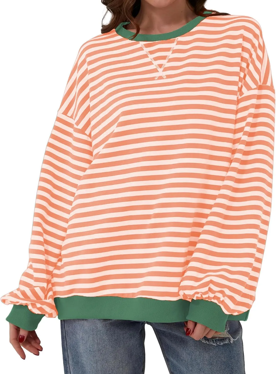 Women Striped Color Block Oversized Sweatshirt Long Sleeve Shirt Crewneck 2024 Fall Pullover Preppy Clothes