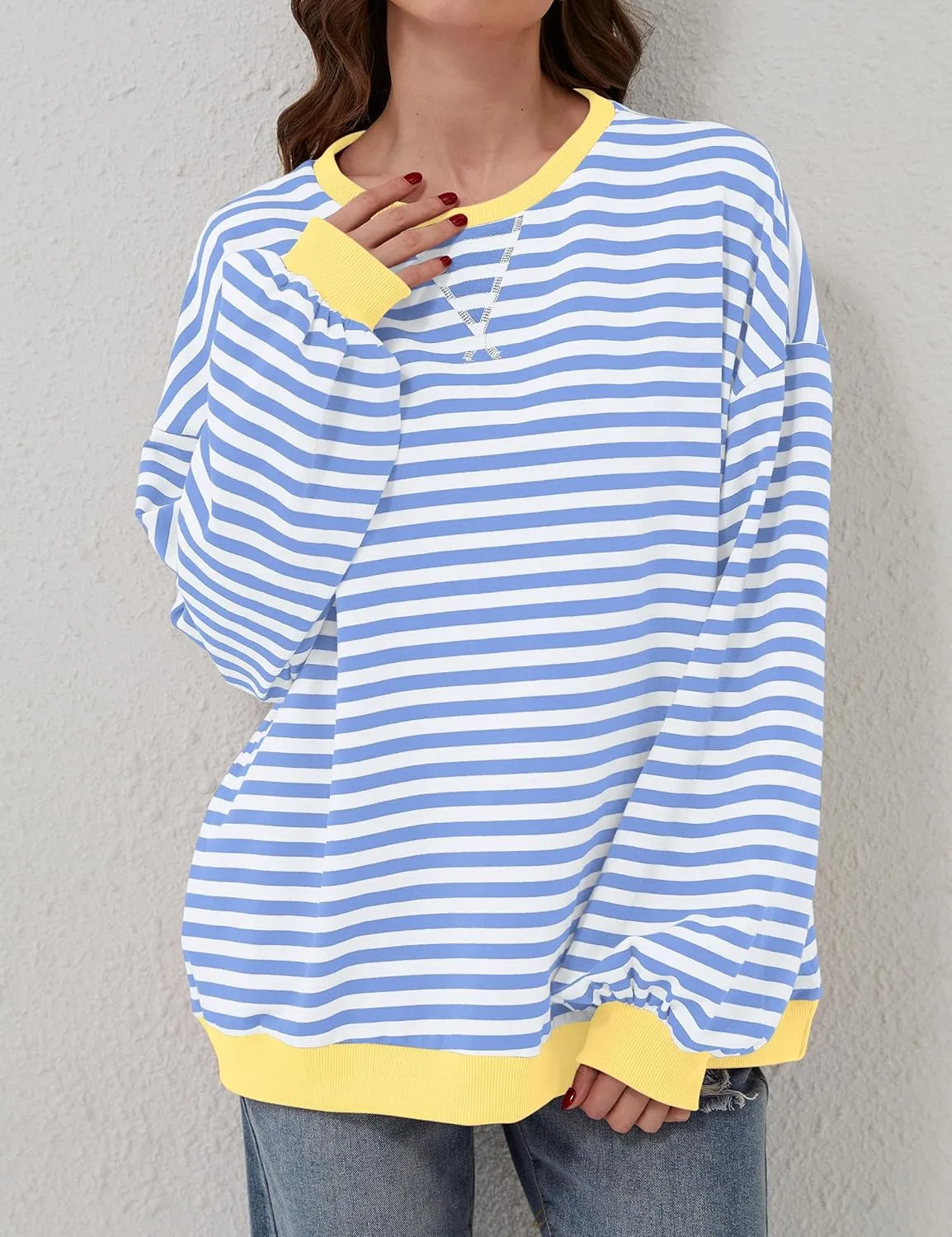 Women Striped Color Block Oversized Sweatshirt Long Sleeve Shirt Crewneck 2024 Fall Pullover Preppy Clothes