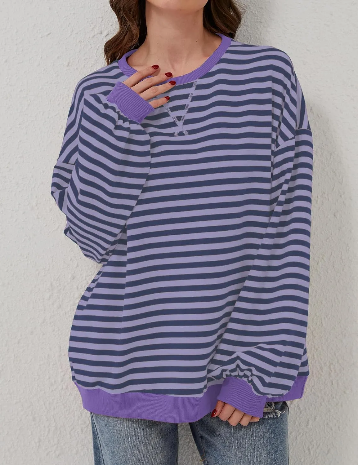 Women Striped Color Block Oversized Sweatshirt Long Sleeve Shirt Crewneck 2024 Fall Pullover Preppy Clothes