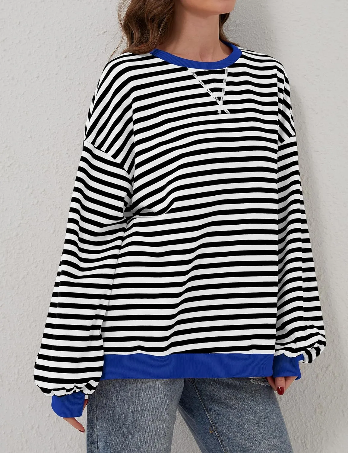Women Striped Color Block Oversized Sweatshirt Long Sleeve Shirt Crewneck 2024 Fall Pullover Preppy Clothes