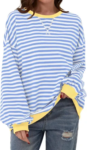 Women Striped Color Block Oversized Sweatshirt Long Sleeve Shirt Crewneck 2024 Fall Pullover Preppy Clothes