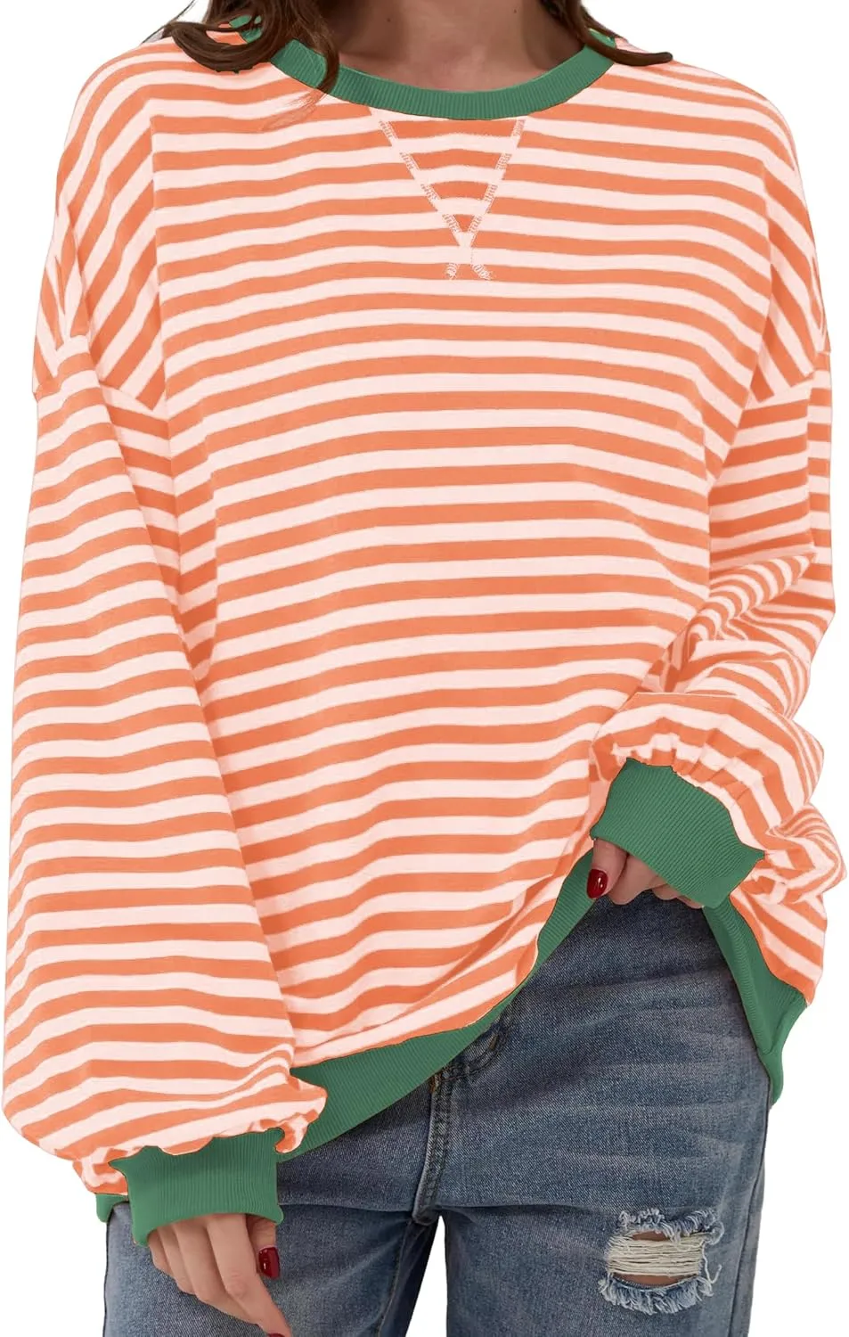 Women Striped Color Block Oversized Sweatshirt Long Sleeve Shirt Crewneck 2024 Fall Pullover Preppy Clothes