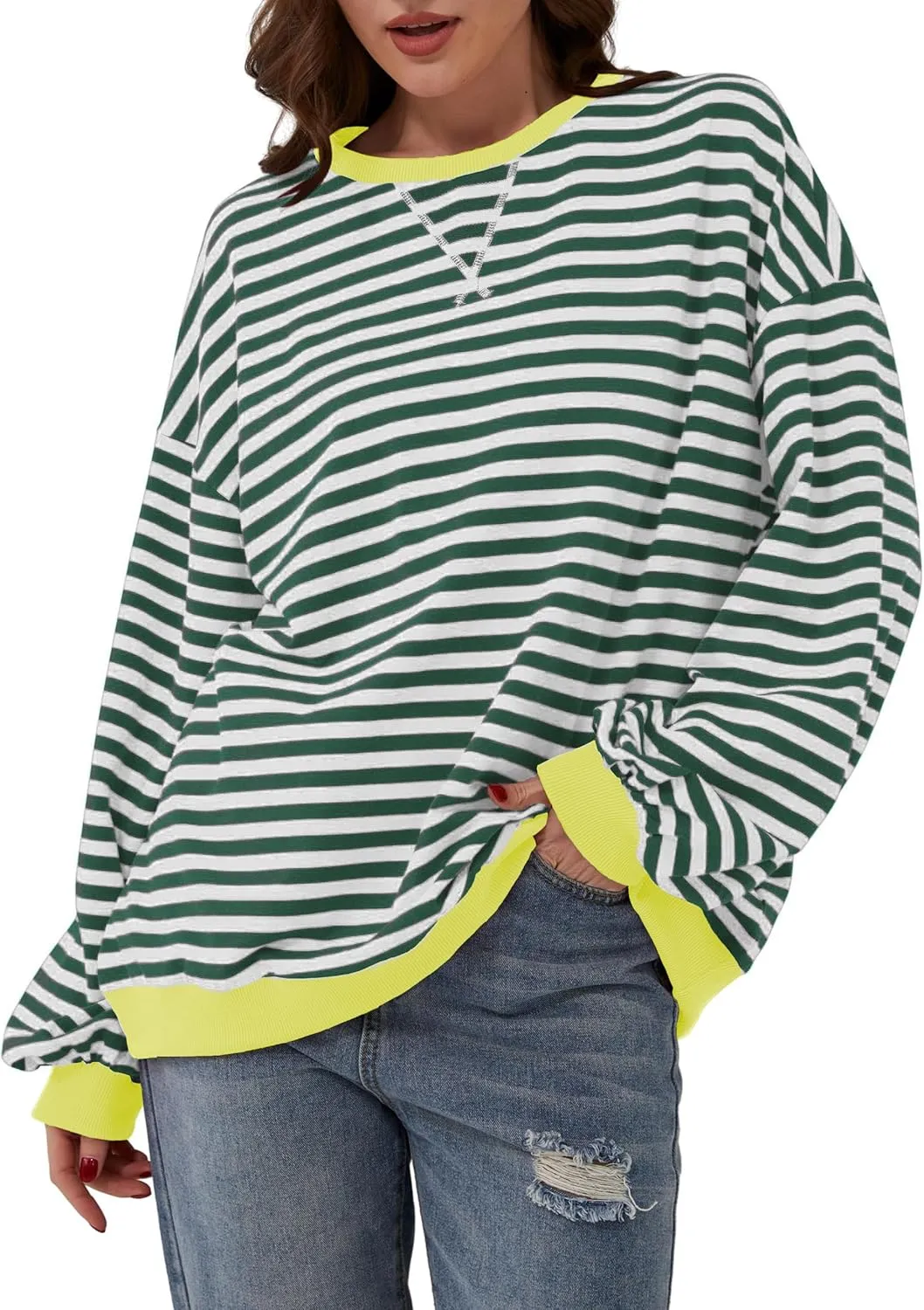 Women Striped Color Block Oversized Sweatshirt Long Sleeve Shirt Crewneck 2024 Fall Pullover Preppy Clothes