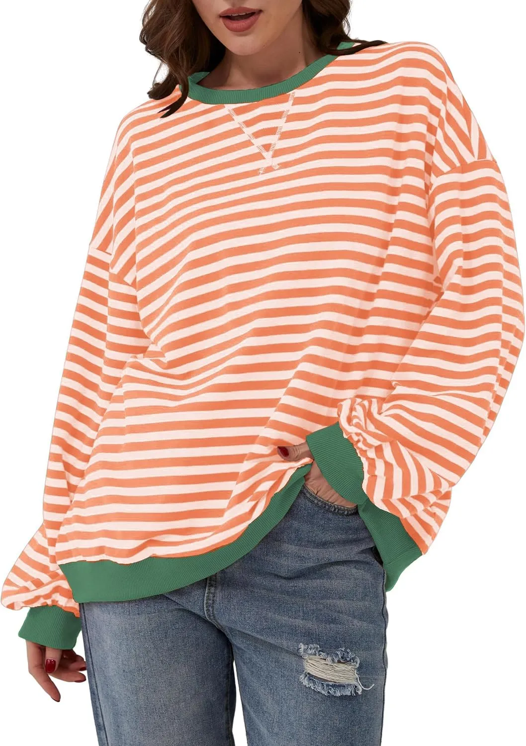 Women Striped Color Block Oversized Sweatshirt Long Sleeve Shirt Crewneck 2024 Fall Pullover Preppy Clothes