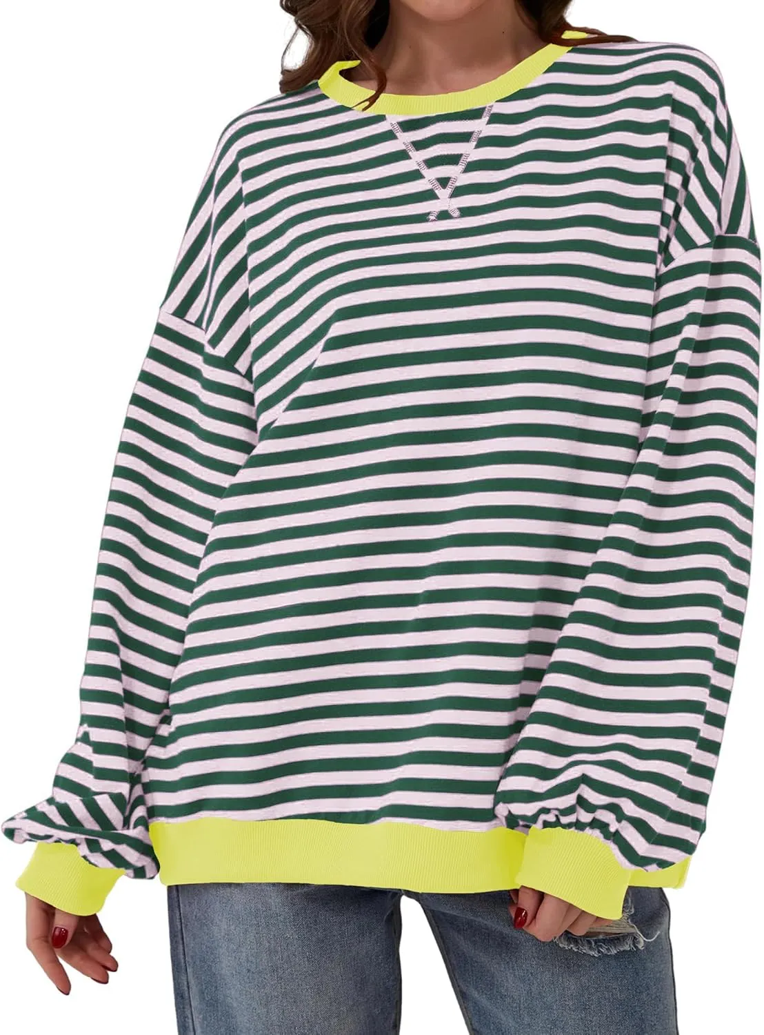 Women Striped Color Block Oversized Sweatshirt Long Sleeve Shirt Crewneck 2024 Fall Pullover Preppy Clothes