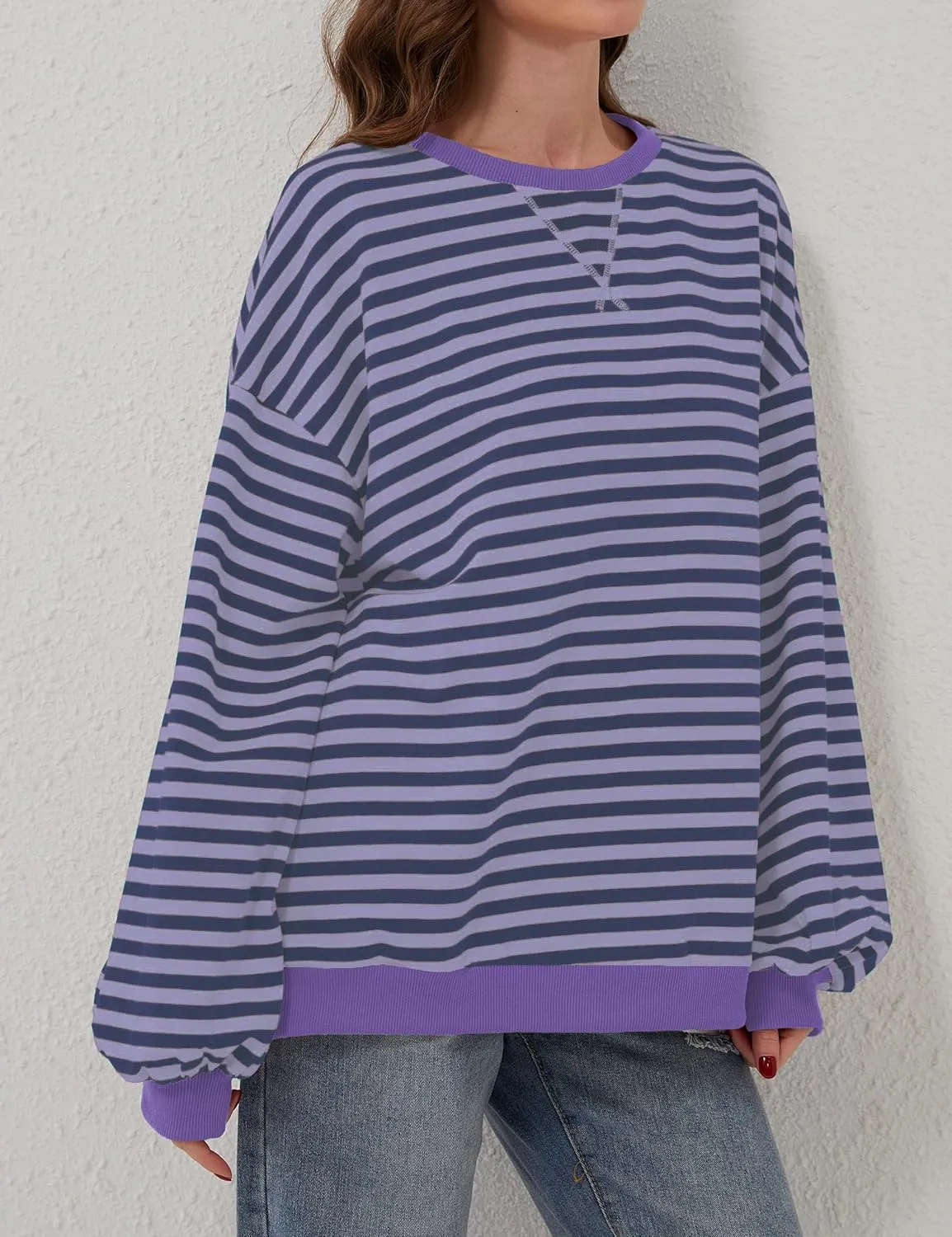 Women Striped Color Block Oversized Sweatshirt Long Sleeve Shirt Crewneck 2024 Fall Pullover Preppy Clothes