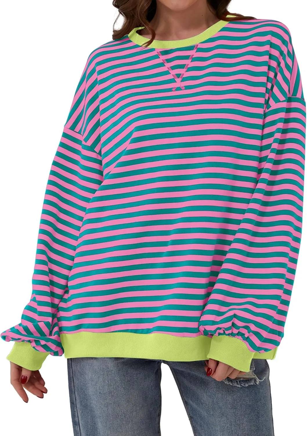 Women Striped Color Block Oversized Sweatshirt Long Sleeve Shirt Crewneck 2024 Fall Pullover Preppy Clothes