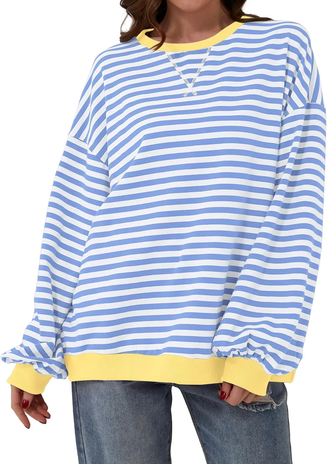 Women Striped Color Block Oversized Sweatshirt Long Sleeve Shirt Crewneck 2024 Fall Pullover Preppy Clothes
