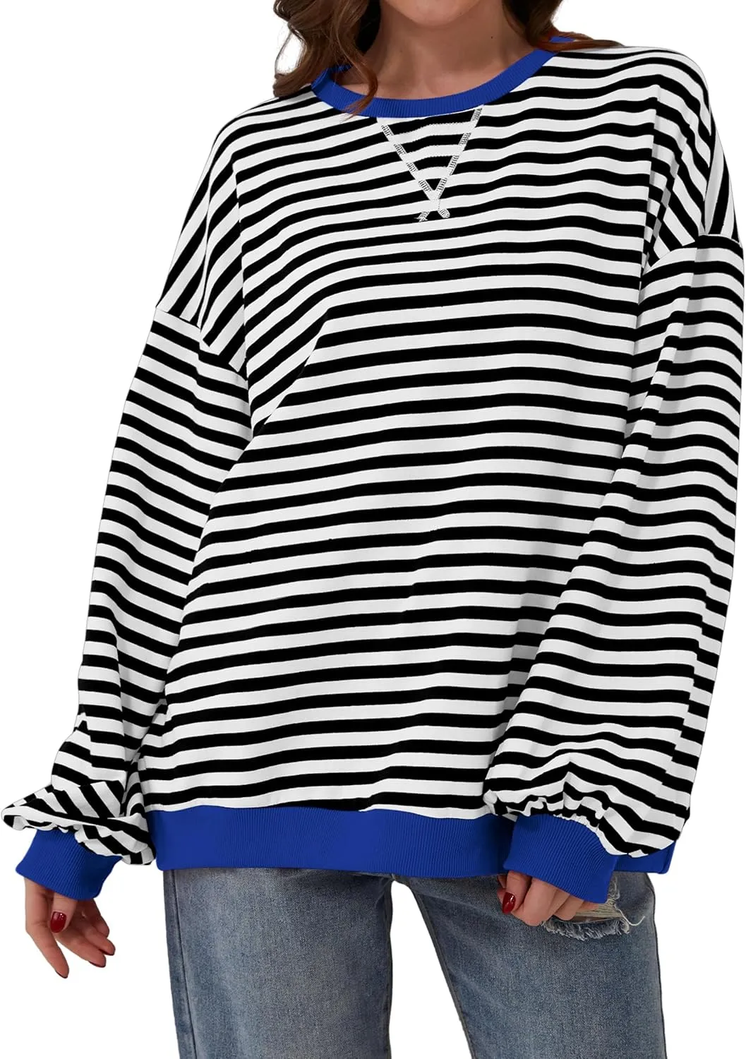 Women Striped Color Block Oversized Sweatshirt Long Sleeve Shirt Crewneck 2024 Fall Pullover Preppy Clothes