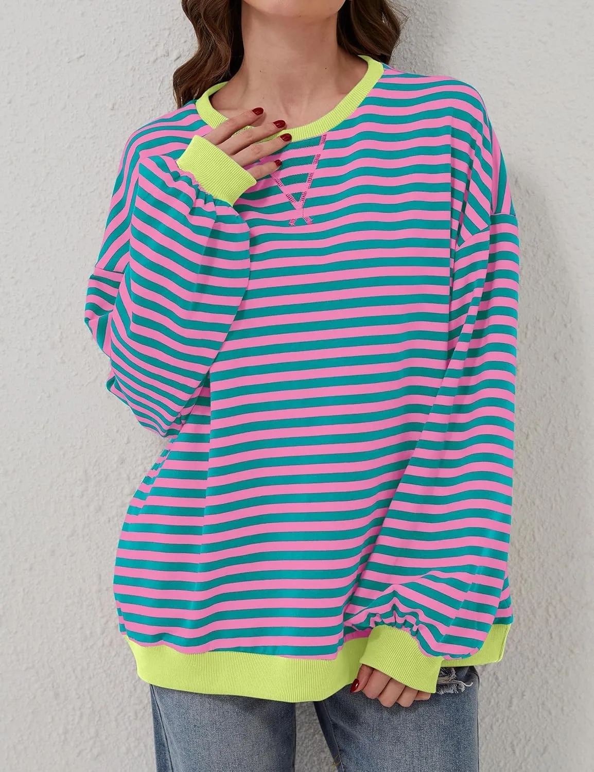 Women Striped Color Block Oversized Sweatshirt Long Sleeve Shirt Crewneck 2024 Fall Pullover Preppy Clothes