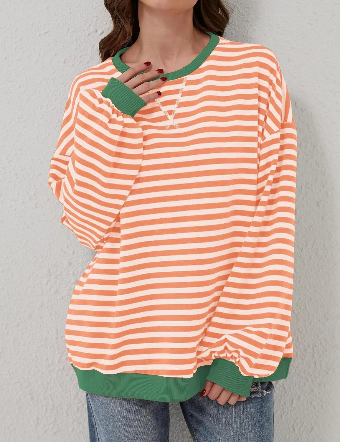 Women Striped Color Block Oversized Sweatshirt Long Sleeve Shirt Crewneck 2024 Fall Pullover Preppy Clothes
