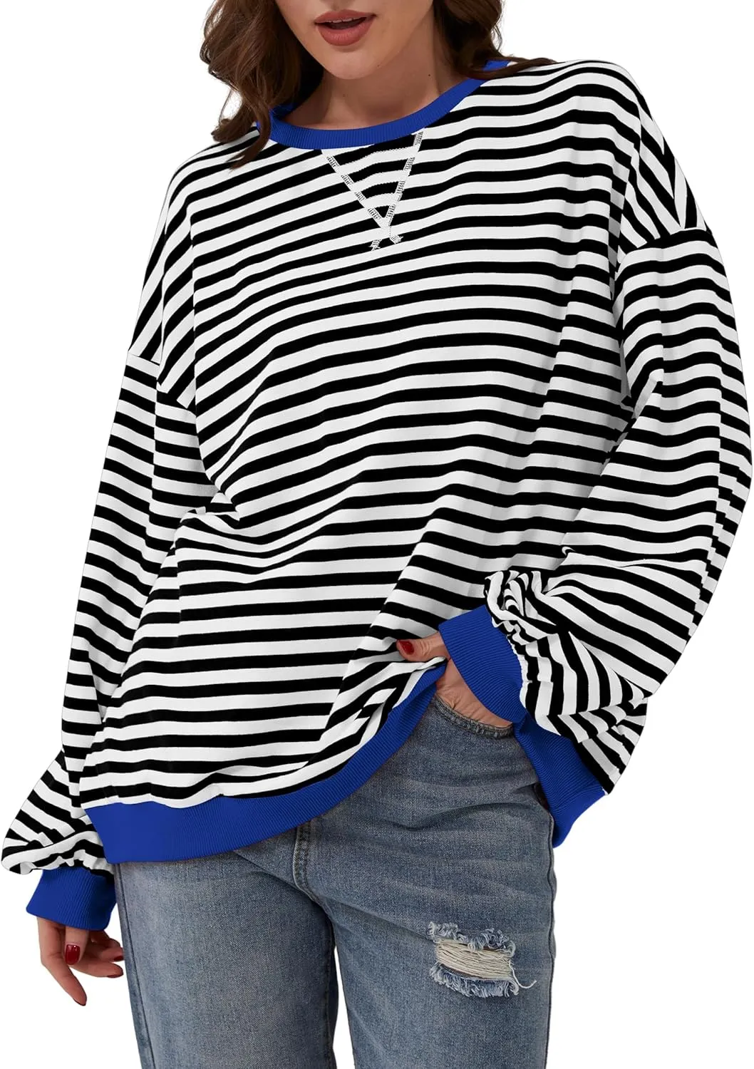 Women Striped Color Block Oversized Sweatshirt Long Sleeve Shirt Crewneck 2024 Fall Pullover Preppy Clothes