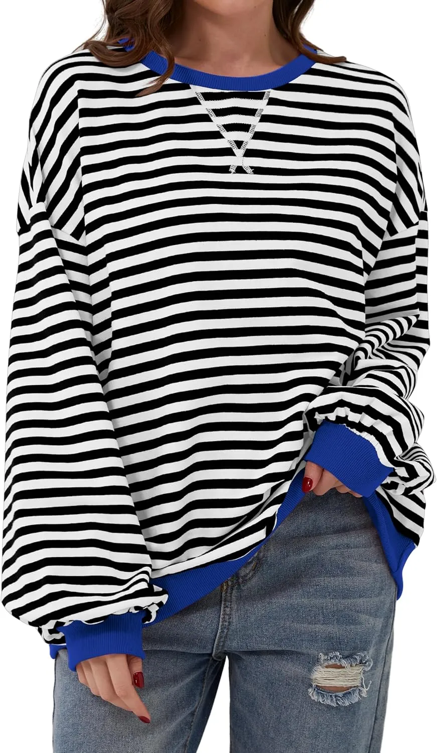Women Striped Color Block Oversized Sweatshirt Long Sleeve Shirt Crewneck 2024 Fall Pullover Preppy Clothes