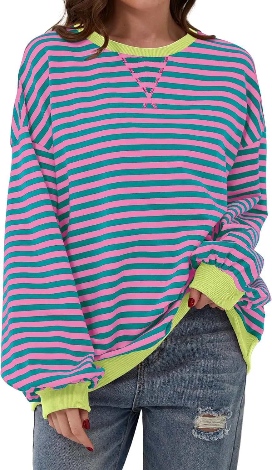 Women Striped Color Block Oversized Sweatshirt Long Sleeve Shirt Crewneck 2024 Fall Pullover Preppy Clothes