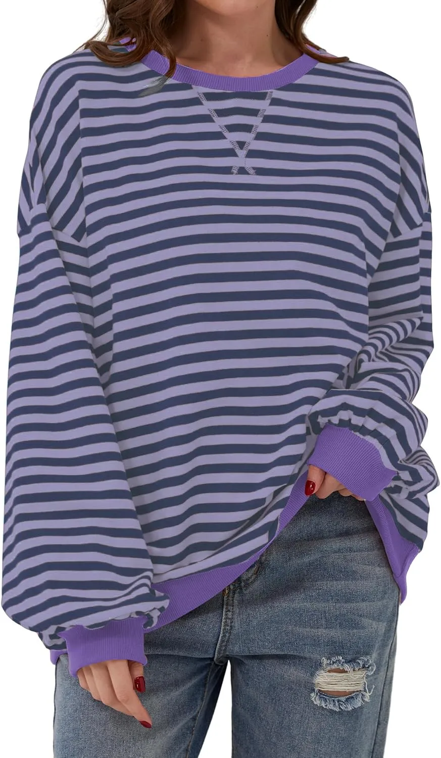 Women Striped Color Block Oversized Sweatshirt Long Sleeve Shirt Crewneck 2024 Fall Pullover Preppy Clothes
