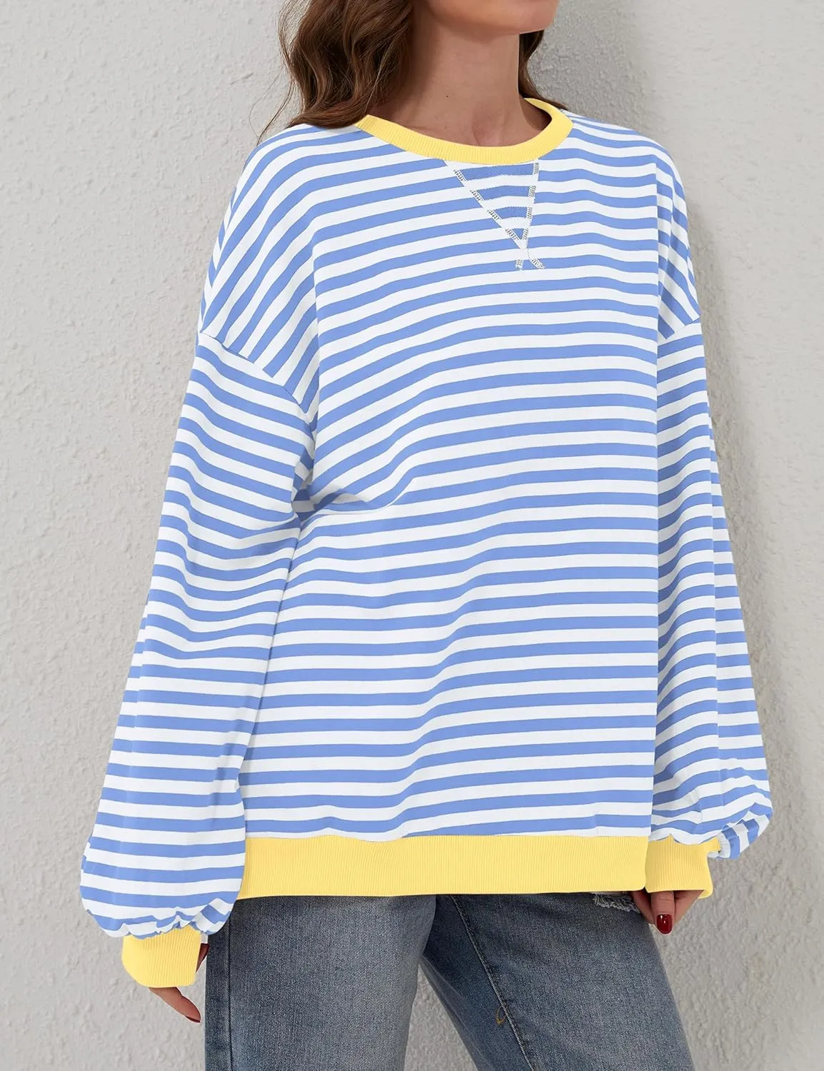 Women Striped Color Block Oversized Sweatshirt Long Sleeve Shirt Crewneck 2024 Fall Pullover Preppy Clothes