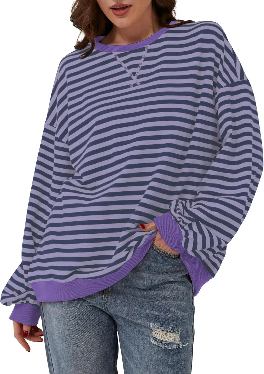 Women Striped Color Block Oversized Sweatshirt Long Sleeve Shirt Crewneck 2024 Fall Pullover Preppy Clothes