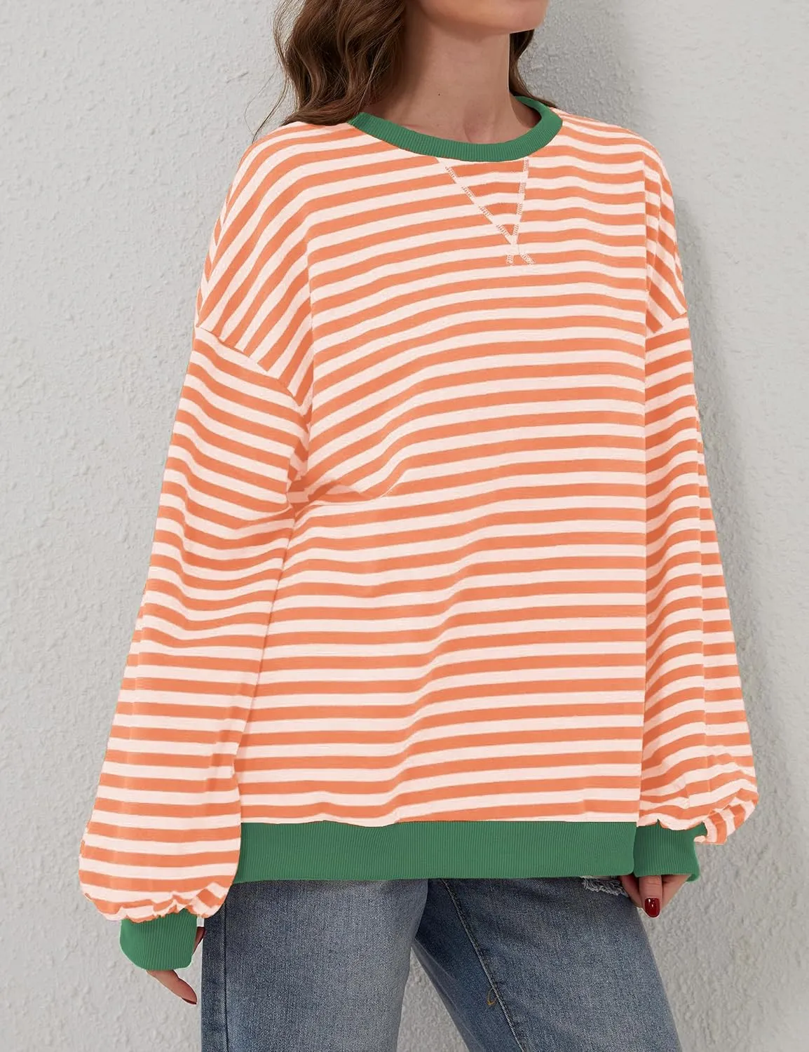 Women Striped Color Block Oversized Sweatshirt Long Sleeve Shirt Crewneck 2024 Fall Pullover Preppy Clothes