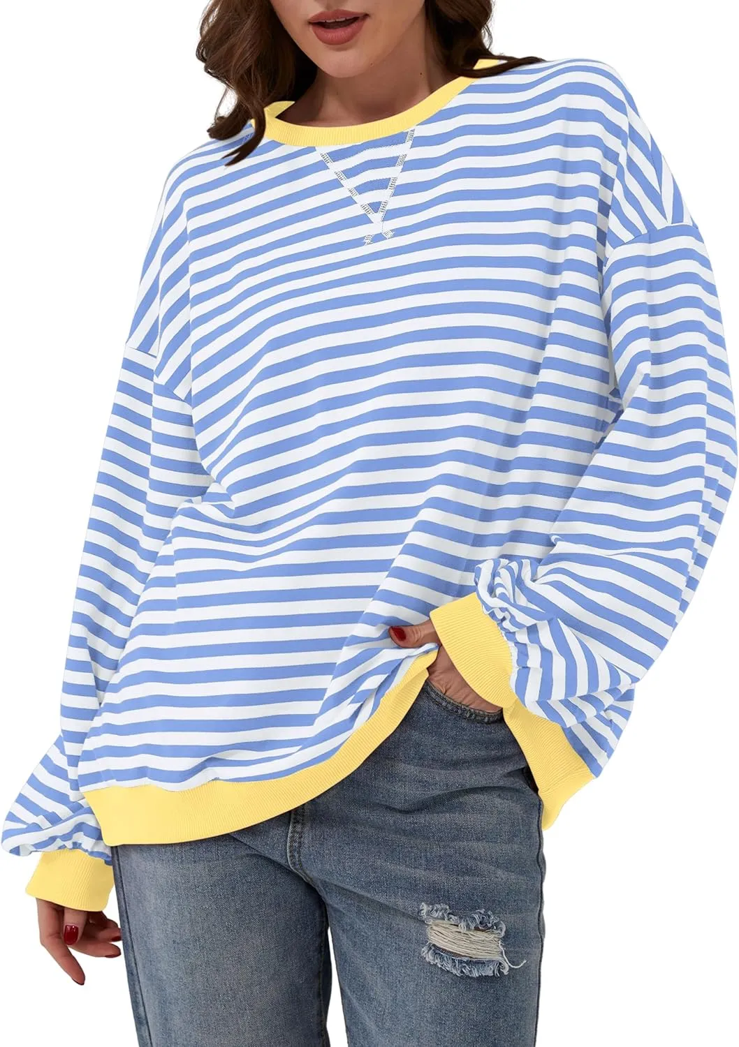 Women Striped Color Block Oversized Sweatshirt Long Sleeve Shirt Crewneck 2024 Fall Pullover Preppy Clothes