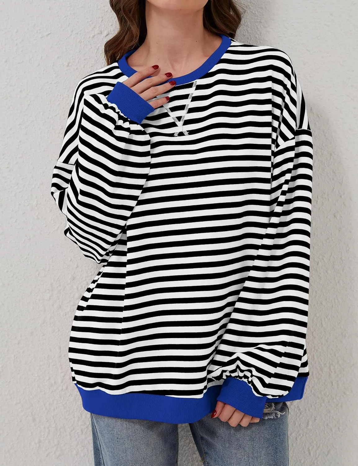 Women Striped Color Block Oversized Sweatshirt Long Sleeve Shirt Crewneck 2024 Fall Pullover Preppy Clothes