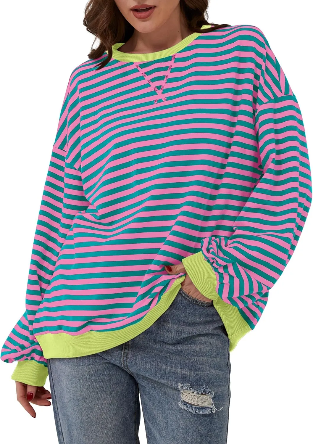 Women Striped Color Block Oversized Sweatshirt Long Sleeve Shirt Crewneck 2024 Fall Pullover Preppy Clothes
