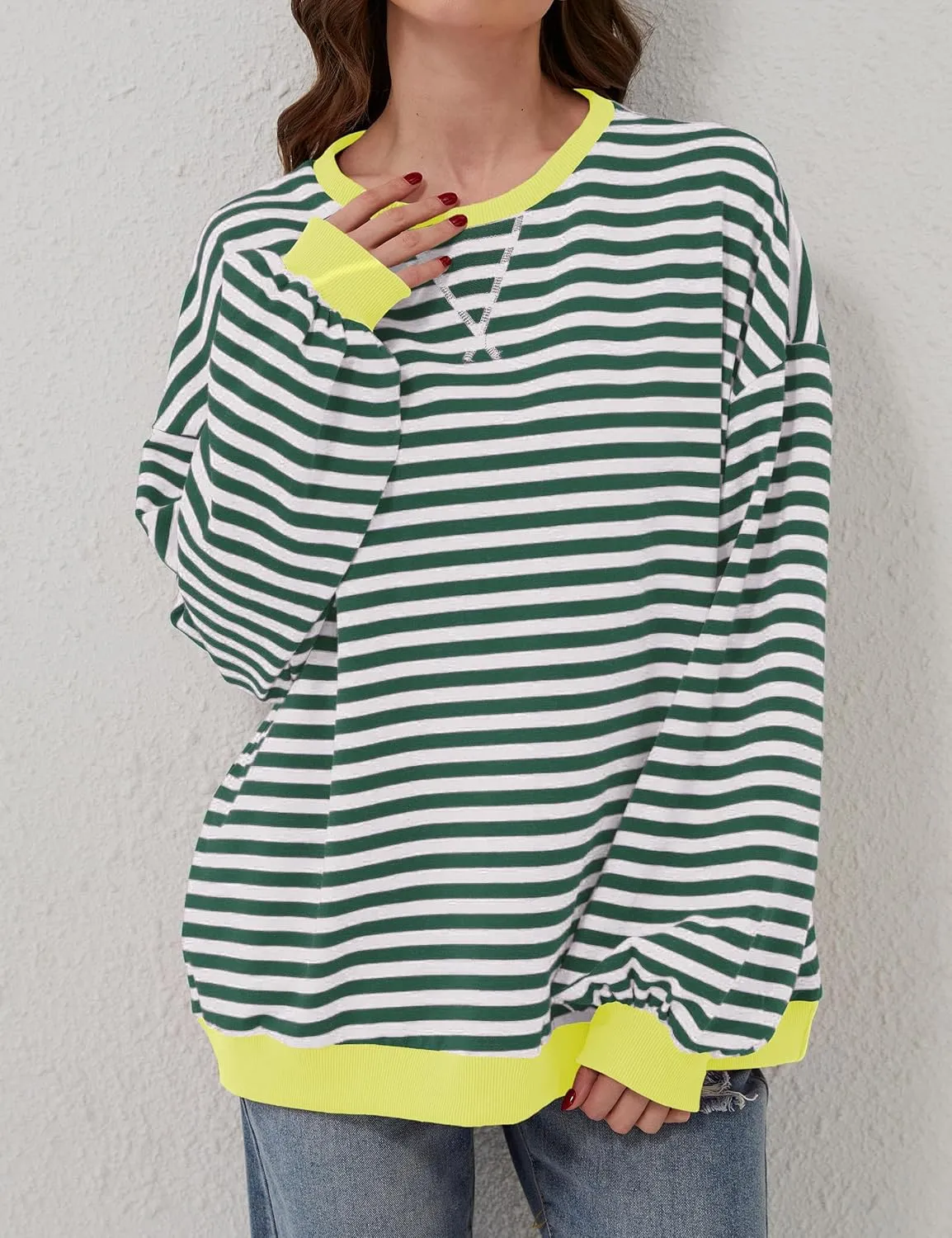 Women Striped Color Block Oversized Sweatshirt Long Sleeve Shirt Crewneck 2024 Fall Pullover Preppy Clothes
