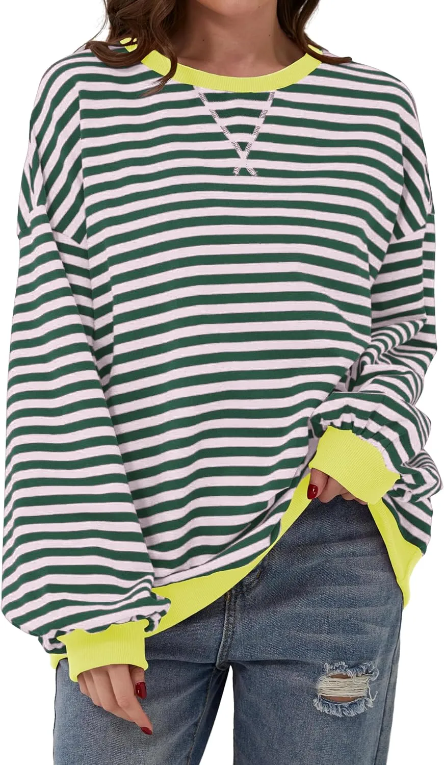Women Striped Color Block Oversized Sweatshirt Long Sleeve Shirt Crewneck 2024 Fall Pullover Preppy Clothes