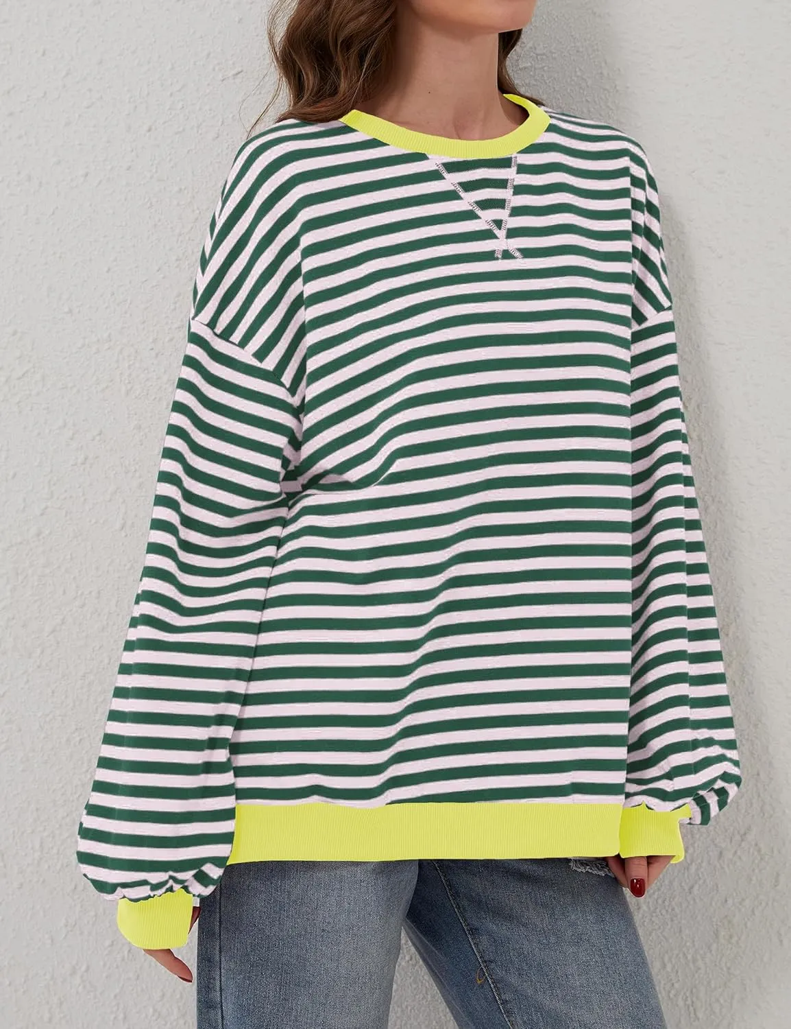 Women Striped Color Block Oversized Sweatshirt Long Sleeve Shirt Crewneck 2024 Fall Pullover Preppy Clothes