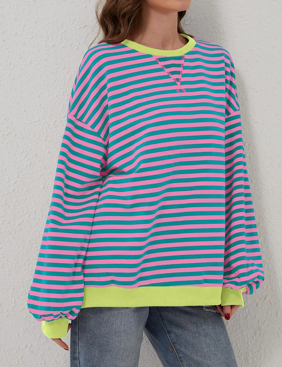 Women Striped Color Block Oversized Sweatshirt Long Sleeve Shirt Crewneck 2024 Fall Pullover Preppy Clothes