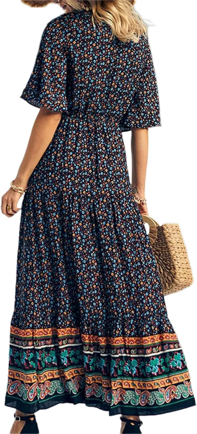Women Summer Casual Maxi Dress Bohemian Floral V Neck Short Sleeve Ethnic Beach Flowy Sundress Long Swing Dress