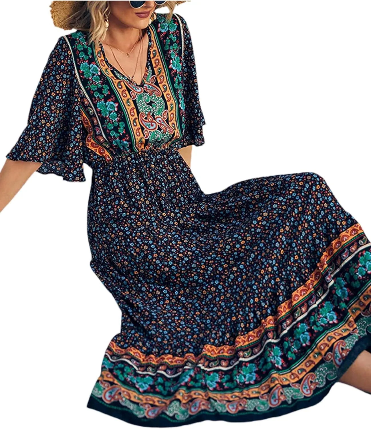 Women Summer Casual Maxi Dress Bohemian Floral V Neck Short Sleeve Ethnic Beach Flowy Sundress Long Swing Dress