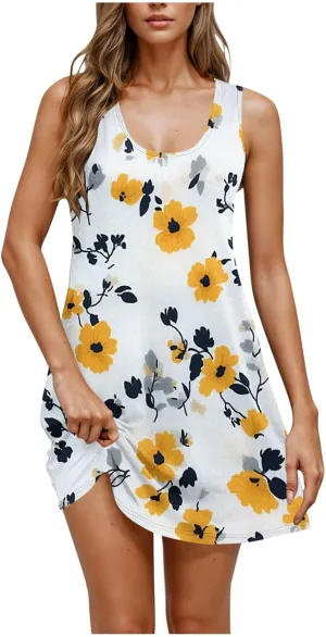 Women Summer Dress 2025 Loose V Neck Sleeveless Sundresses Swimsuit Coverup with Pocket Floral Tunic Mini Tank Dresses