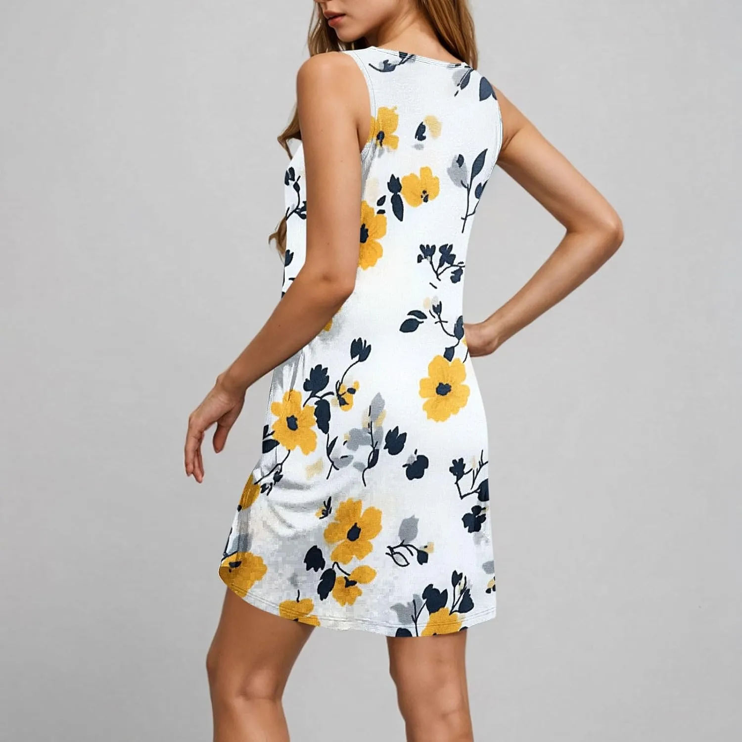 Women Summer Dress 2025 Loose V Neck Sleeveless Sundresses Swimsuit Coverup with Pocket Floral Tunic Mini Tank Dresses