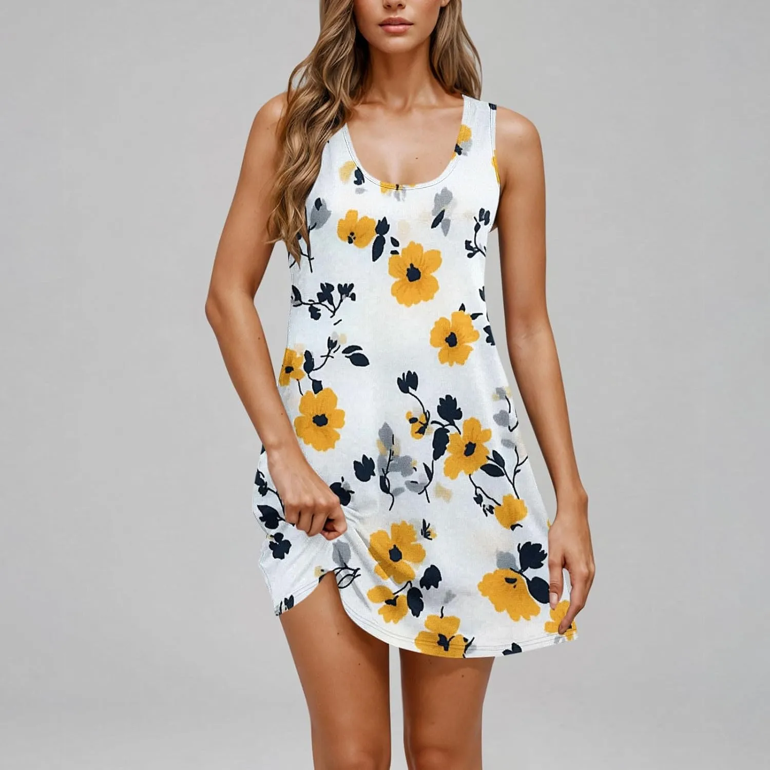 Women Summer Dress 2025 Loose V Neck Sleeveless Sundresses Swimsuit Coverup with Pocket Floral Tunic Mini Tank Dresses