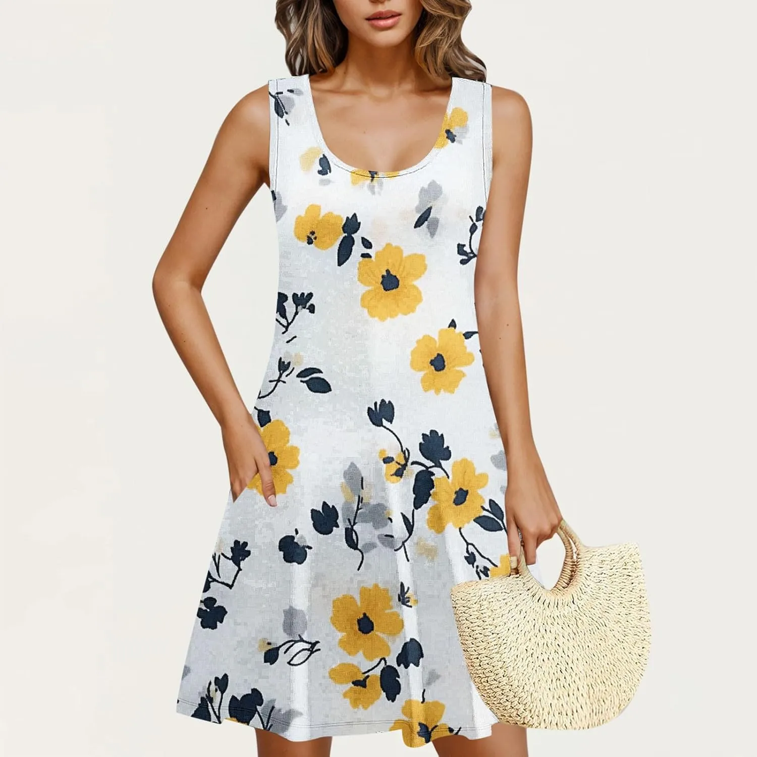 Women Summer Dress 2025 Loose V Neck Sleeveless Sundresses Swimsuit Coverup with Pocket Floral Tunic Mini Tank Dresses