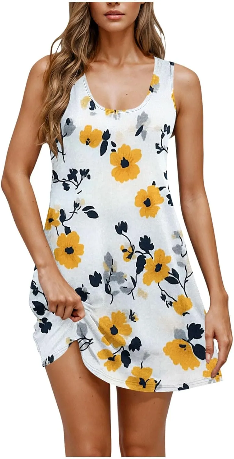Women Summer Dress 2025 Loose V Neck Sleeveless Sundresses Swimsuit Coverup with Pocket Floral Tunic Mini Tank Dresses