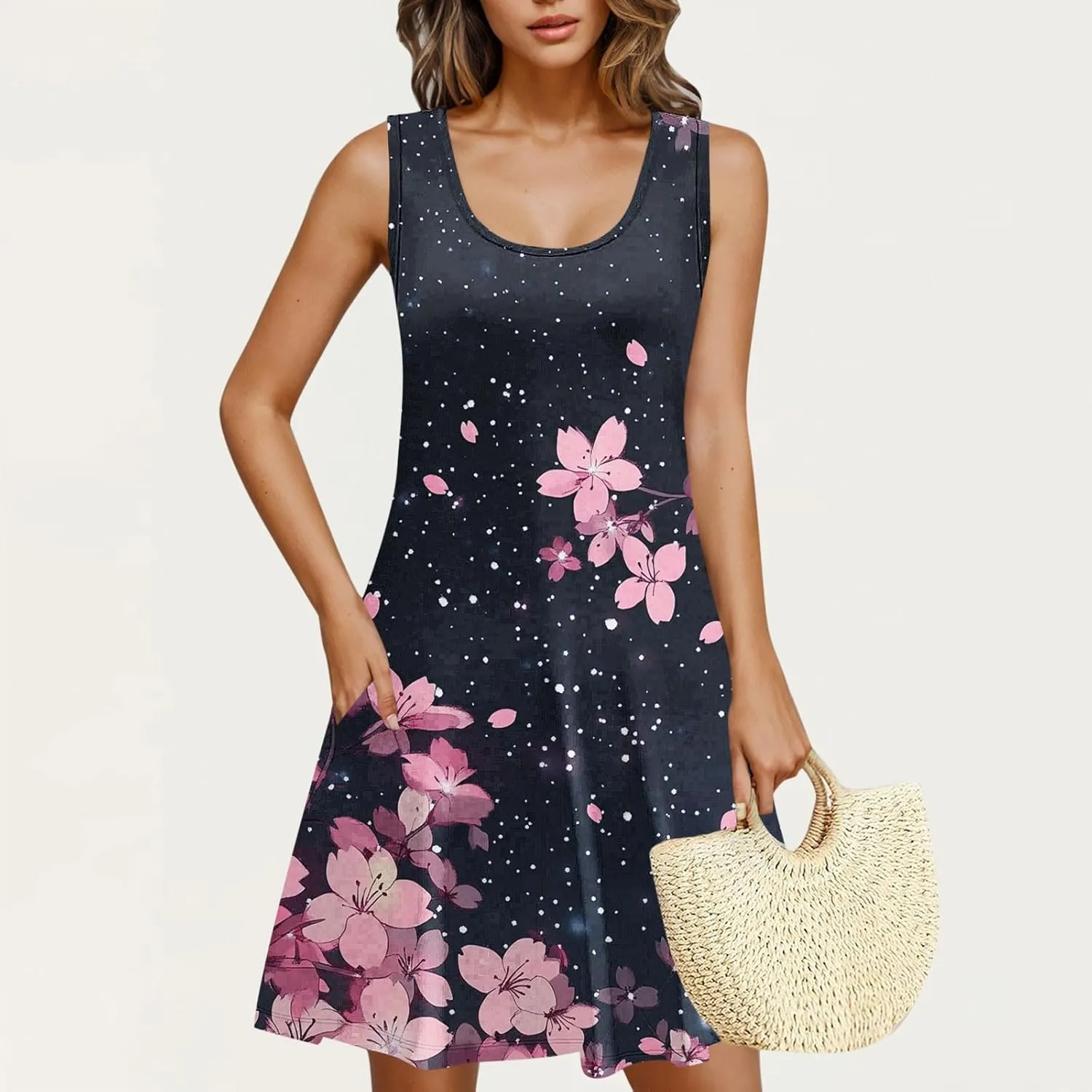 Women Summer Dress 2025 Loose V Neck Sleeveless Sundresses Swimsuit Coverup with Pocket Floral Tunic Mini Tank Dresses