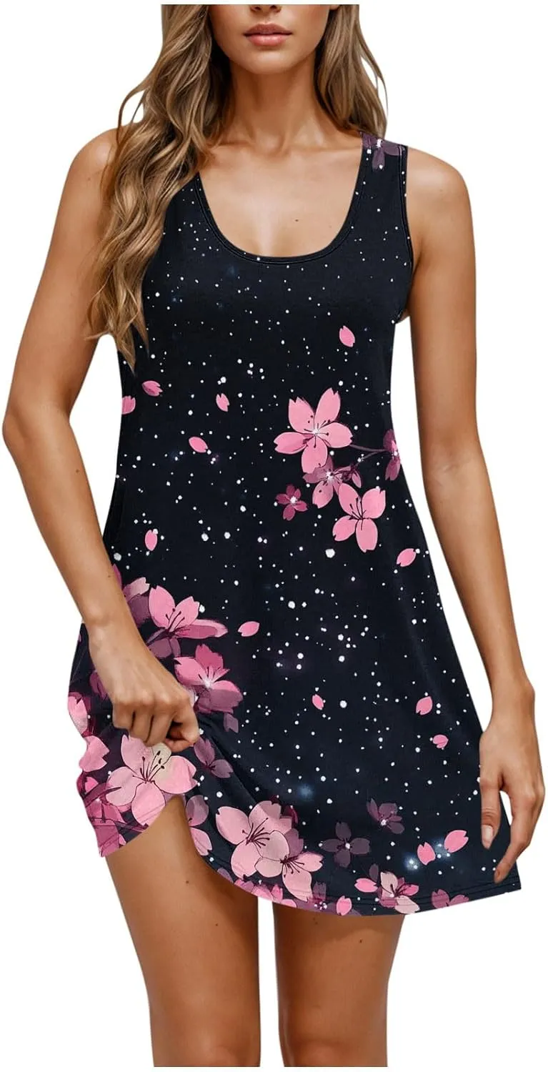 Women Summer Dress 2025 Loose V Neck Sleeveless Sundresses Swimsuit Coverup with Pocket Floral Tunic Mini Tank Dresses