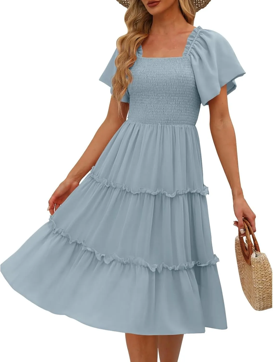 Women Summer Dresses 2025 Square Neck Flutter Sleeve Solid Color High Waist Casual Smocked Flowy A Line Tiered Midi Dress