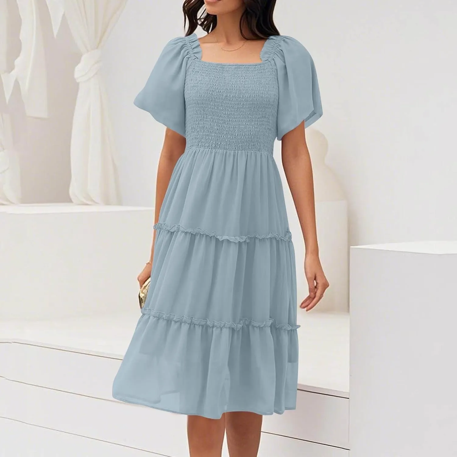 Women Summer Dresses 2025 Square Neck Flutter Sleeve Solid Color High Waist Casual Smocked Flowy A Line Tiered Midi Dress
