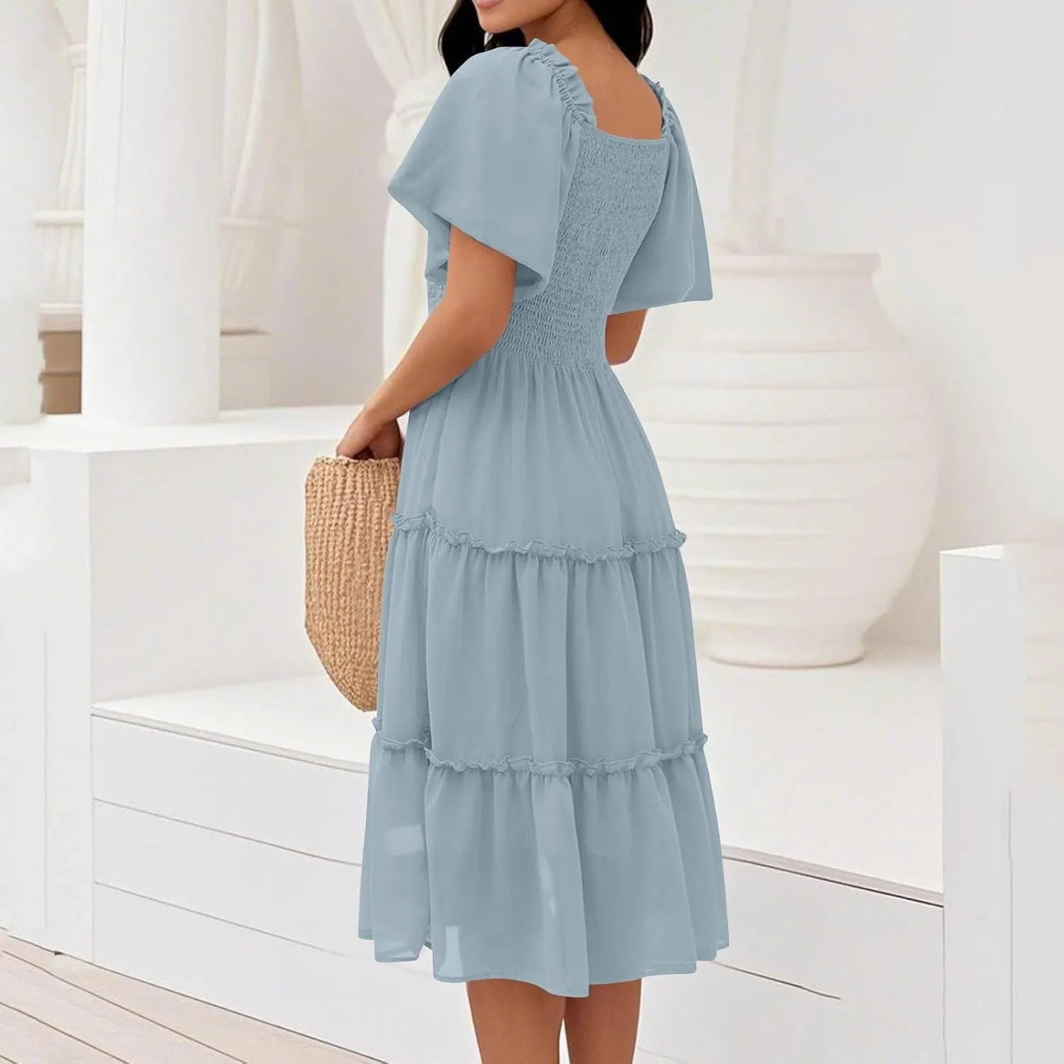 Women Summer Dresses 2025 Square Neck Flutter Sleeve Solid Color High Waist Casual Smocked Flowy A Line Tiered Midi Dress
