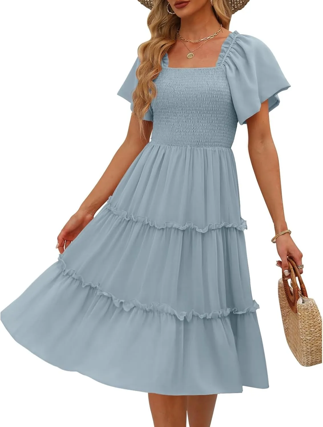 Women Summer Dresses 2025 Square Neck Flutter Sleeve Solid Color High Waist Casual Smocked Flowy A Line Tiered Midi Dress