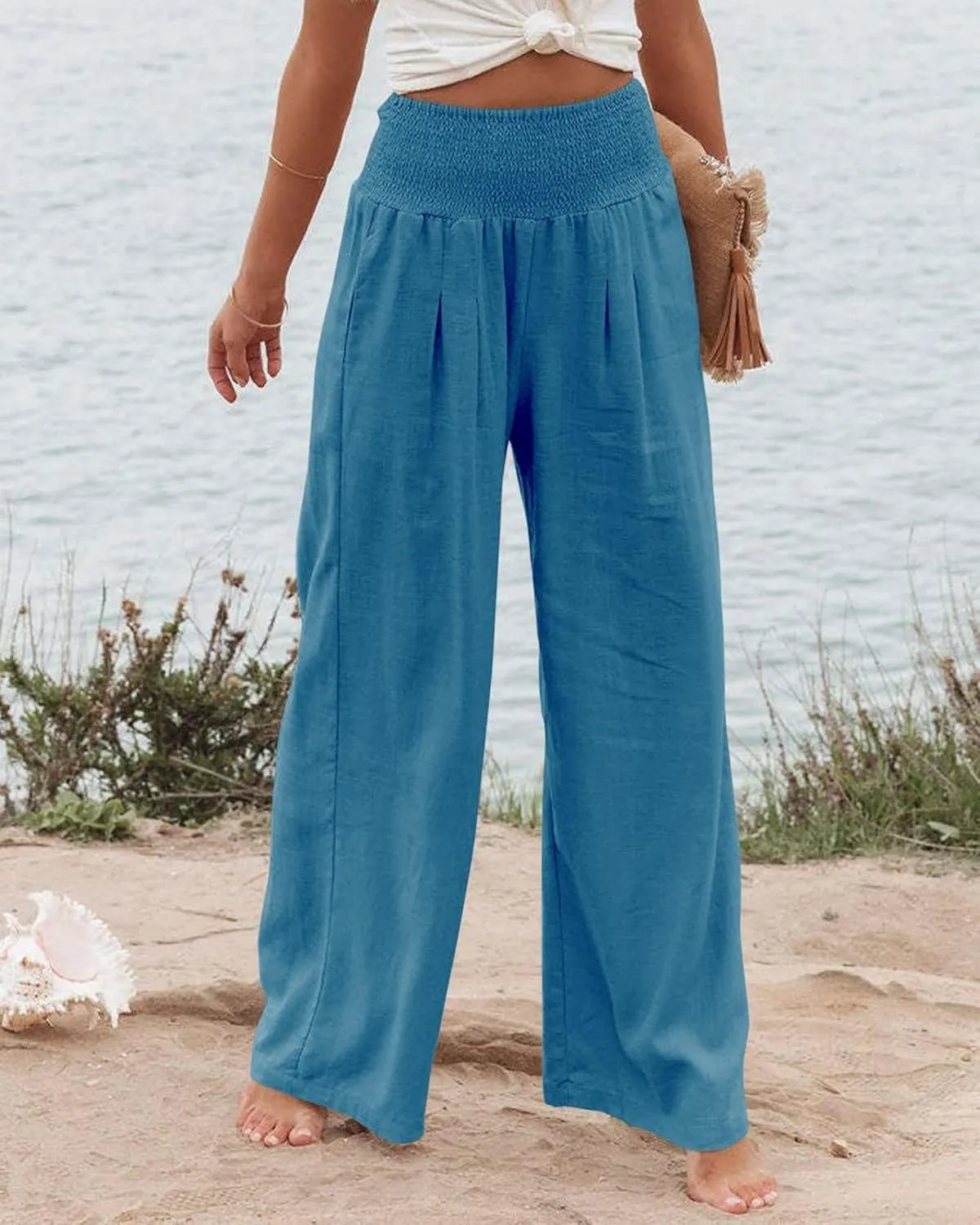 Women Summer High Waisted Cotton Linen Palazzo Pants Casual Boho Wide Leg 2025 Beach Lounge Trousers with Pocket