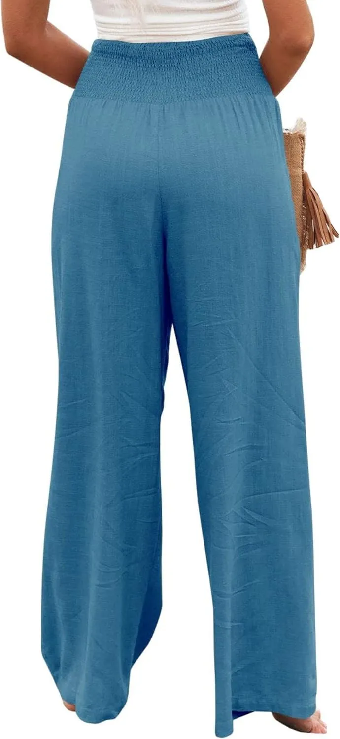 Women Summer High Waisted Cotton Linen Palazzo Pants Casual Boho Wide Leg 2025 Beach Lounge Trousers with Pocket