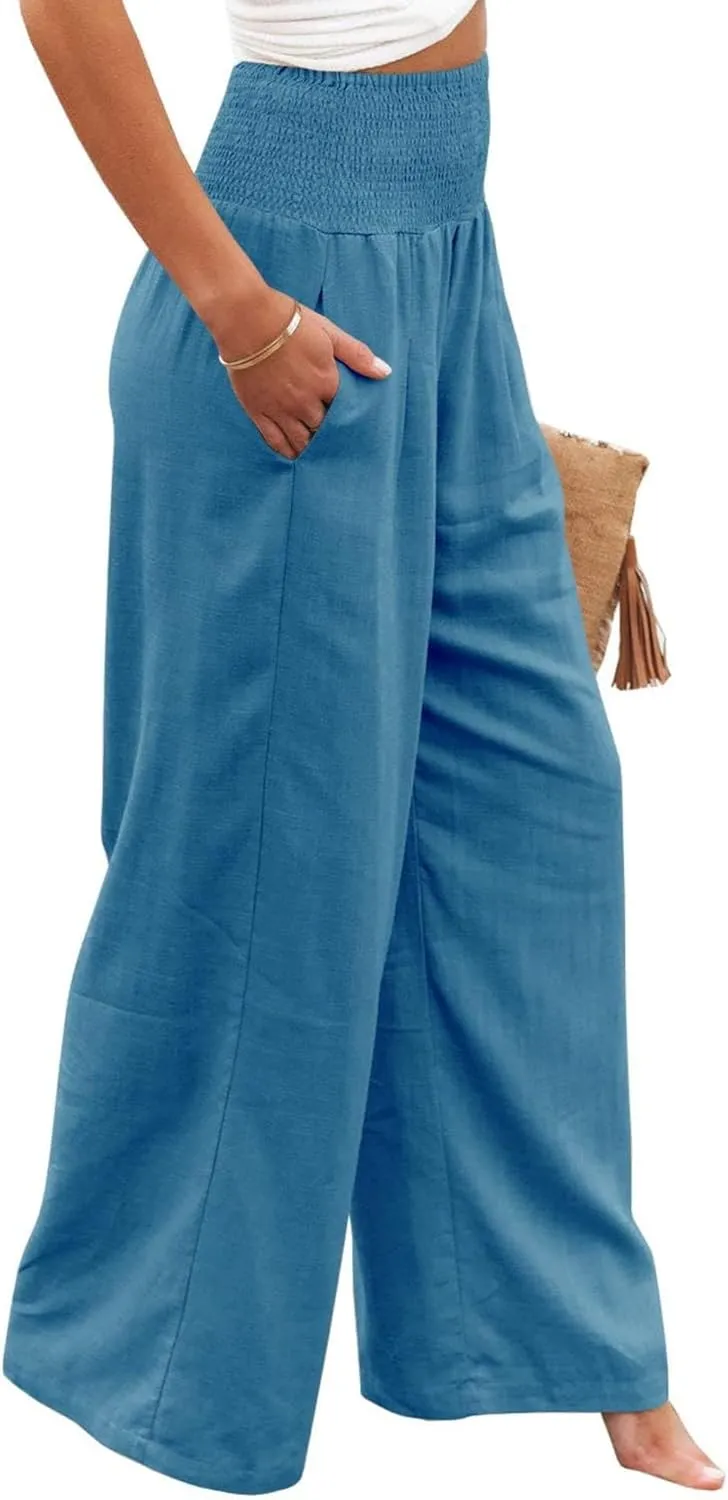 Women Summer High Waisted Cotton Linen Palazzo Pants Casual Boho Wide Leg 2025 Beach Lounge Trousers with Pocket