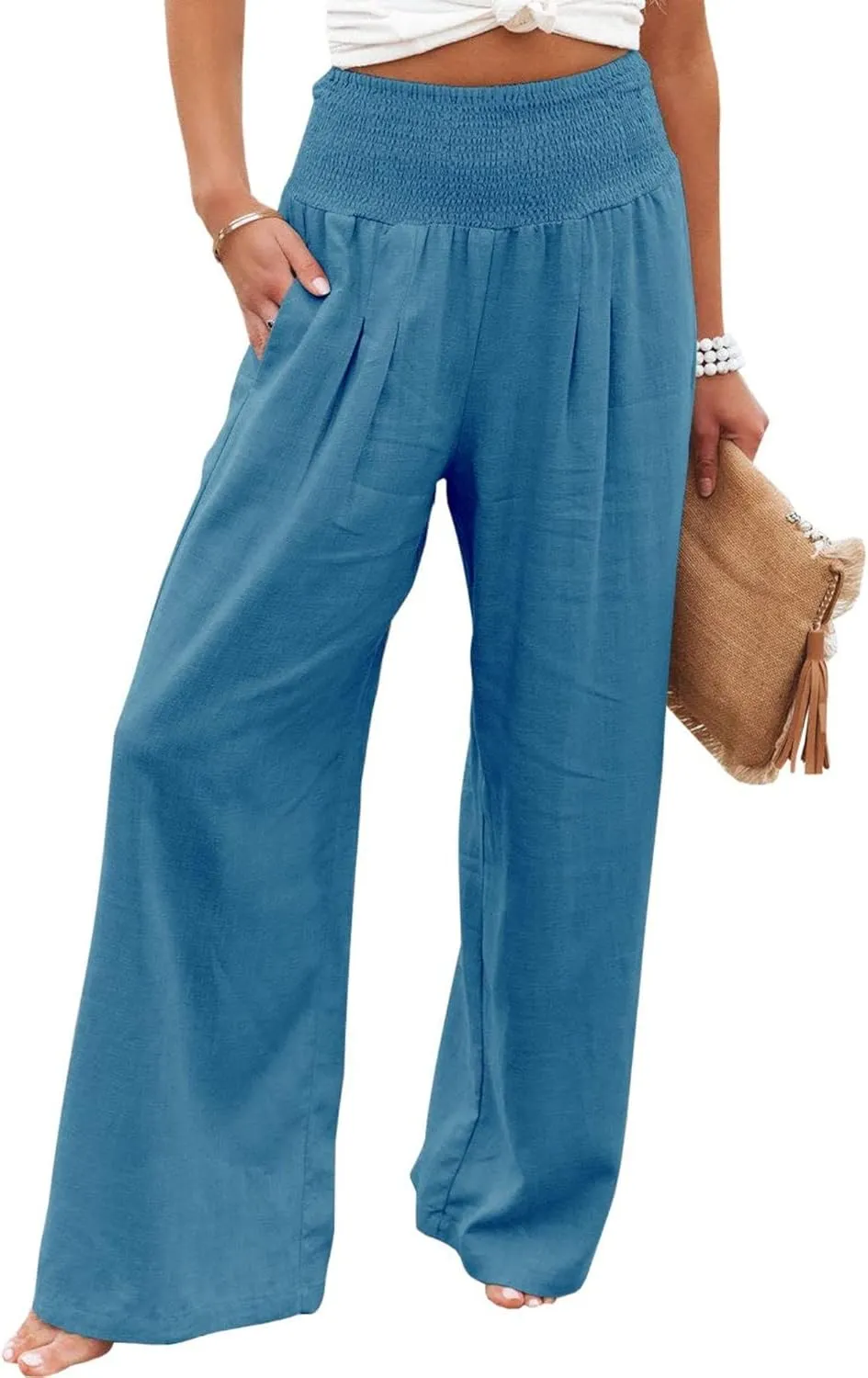 Women Summer High Waisted Cotton Linen Palazzo Pants Casual Boho Wide Leg 2025 Beach Lounge Trousers with Pocket